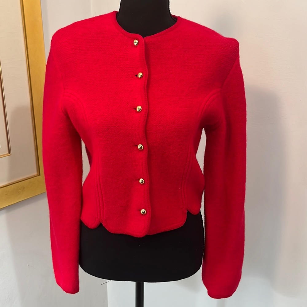 Red 100% wool Sweater, button up, Gold color metal buttons, size yes, serpentine